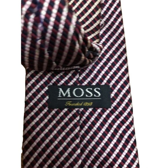 Moss 1898 Mens Tie Red White Blue 100 Silk Designer Classic Thin Striped - Picture 3 of 3